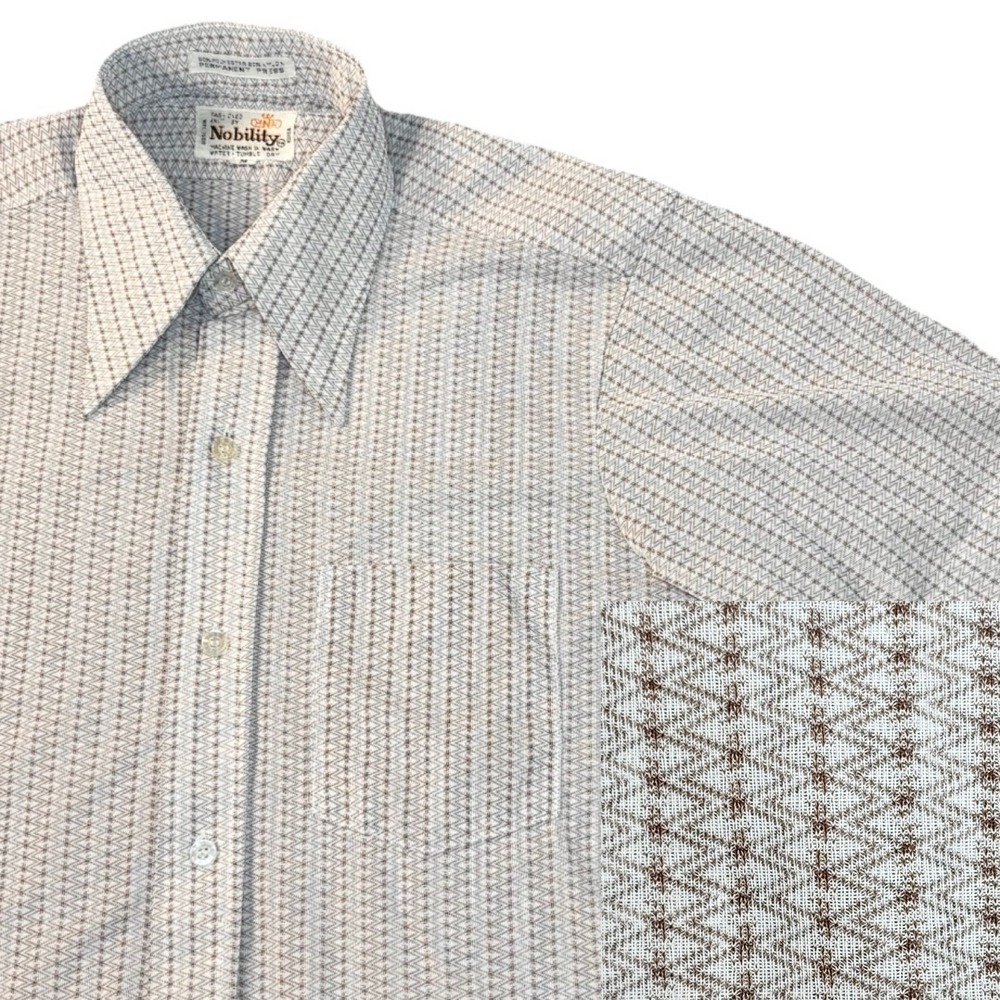 Vtg 70s Nobility disco shirt Mens medium brown white Dagger Collar geometric